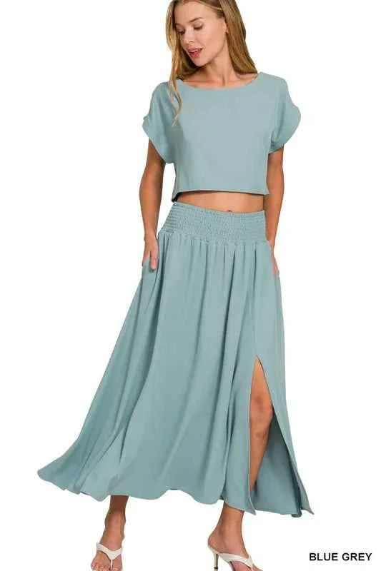 Zenana Heavy Woven Span Crop Tee & Skirt Set BLUE GREY c1528c0d60f34eb29fc51c269d2c4c97-Max-Origin