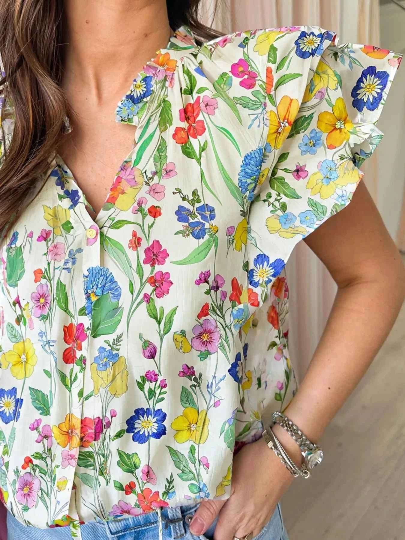 Floral Print Ruffle Layered Short Sleeve Blouse c155bb02-f3ae-4399-b3dd-68db45325cae-Max-Origin