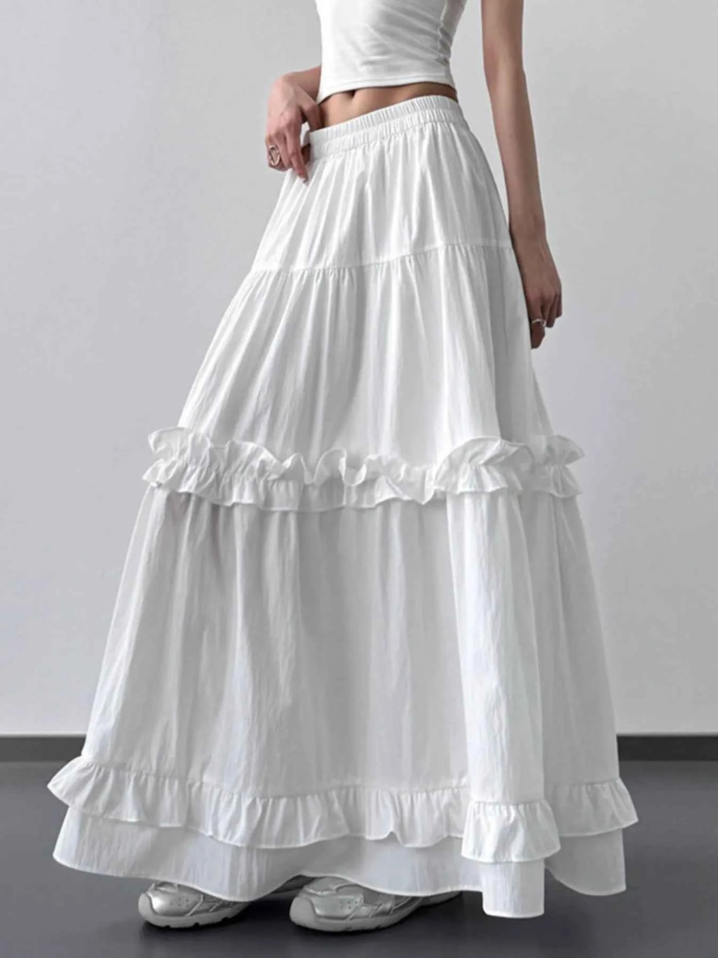 Elastic Waist Ruffle Maxi Skirt White c15f78e5-f731-4a9f-b9f7-238e0171c8a9-Max-Origin