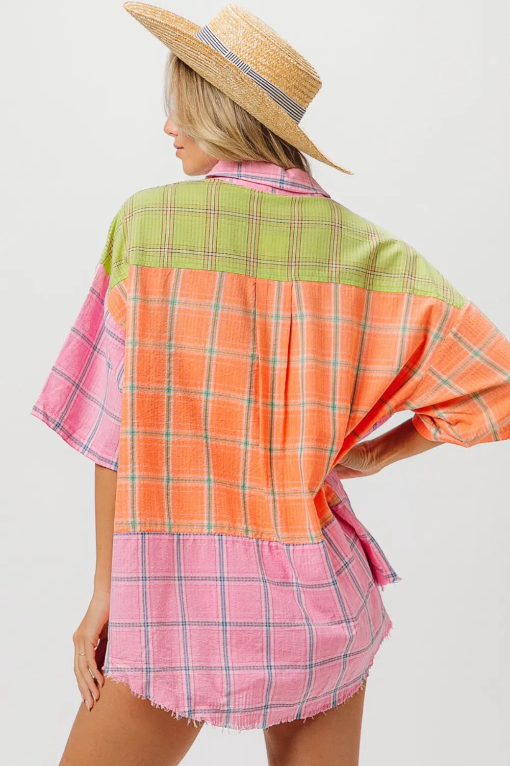 BiBi Plaid Collared Neck Half Sleeve Shirt c164b21b-4d3e-4bb9-b140-bb7e403e2a28-Max