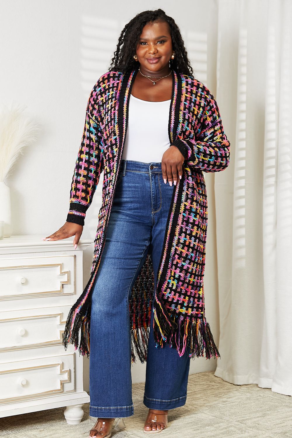 Angel Wings Full Size Multicolored Open Front Fringe Hem Cardigan c1661aa5f9154a35bfeb25406eb1dfb4-Max