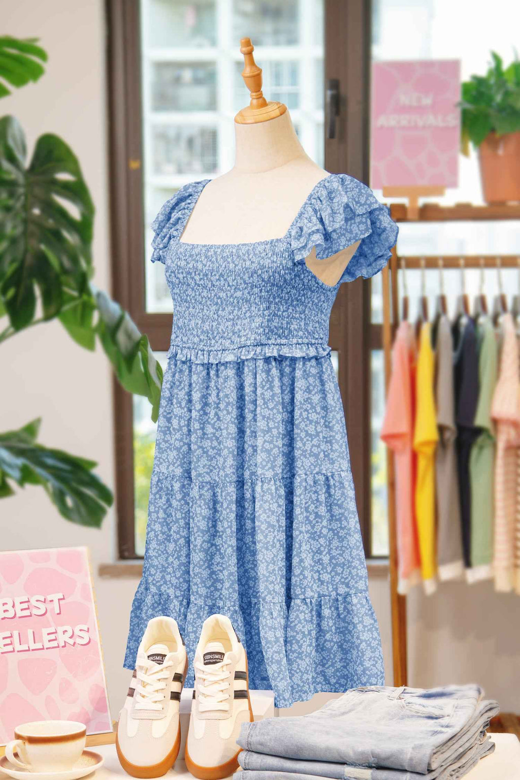 Sky Blue Floral Print Square Neck Flutter Sleeve Smocked Tiered Mini Dress c167cad53c1a75a6
