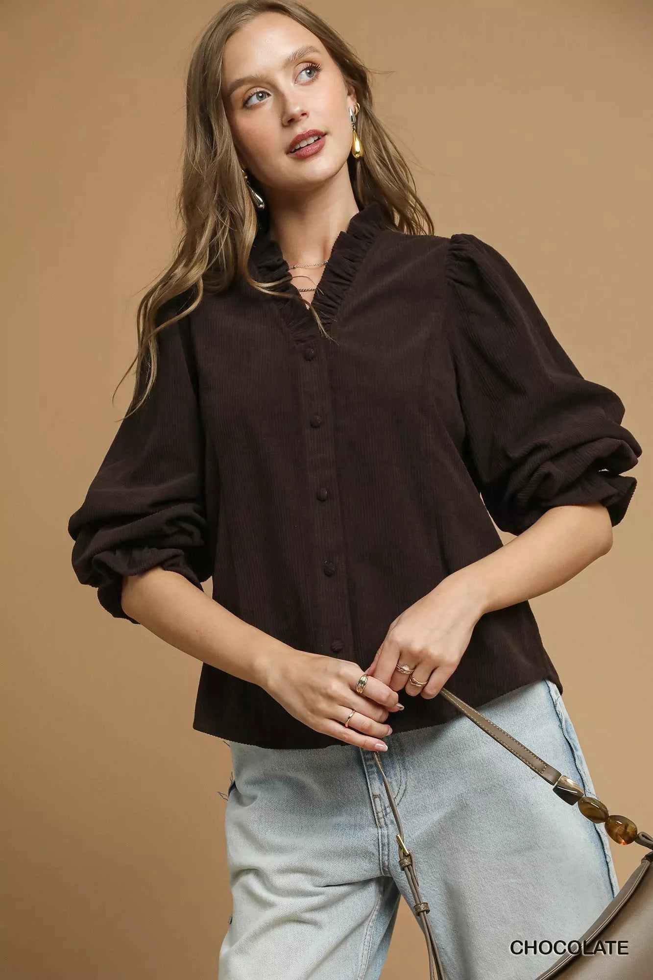 Corduroy Ruffle Shirt with Long Puff Sleeves CHOCOLATE c16a0707-3a49-4dc8-87a3-85f26204a7e5-Max-Origin