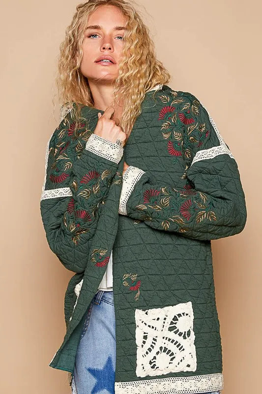 POL Embroidered Open Front Quilted Jacket with Crochet Pockets c16ca337-5e41-45af-981d-718d87694096-Max