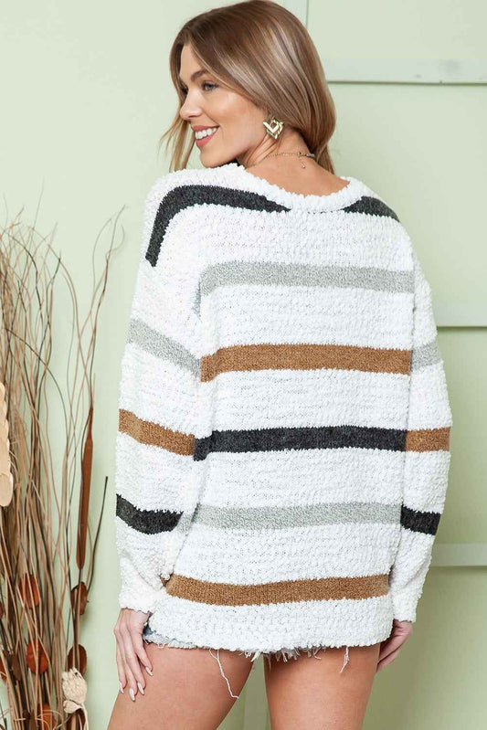 Multicolor Stripes Print Popcorn Drop Shoulder Pullover Sweater c1724a90528c26a9