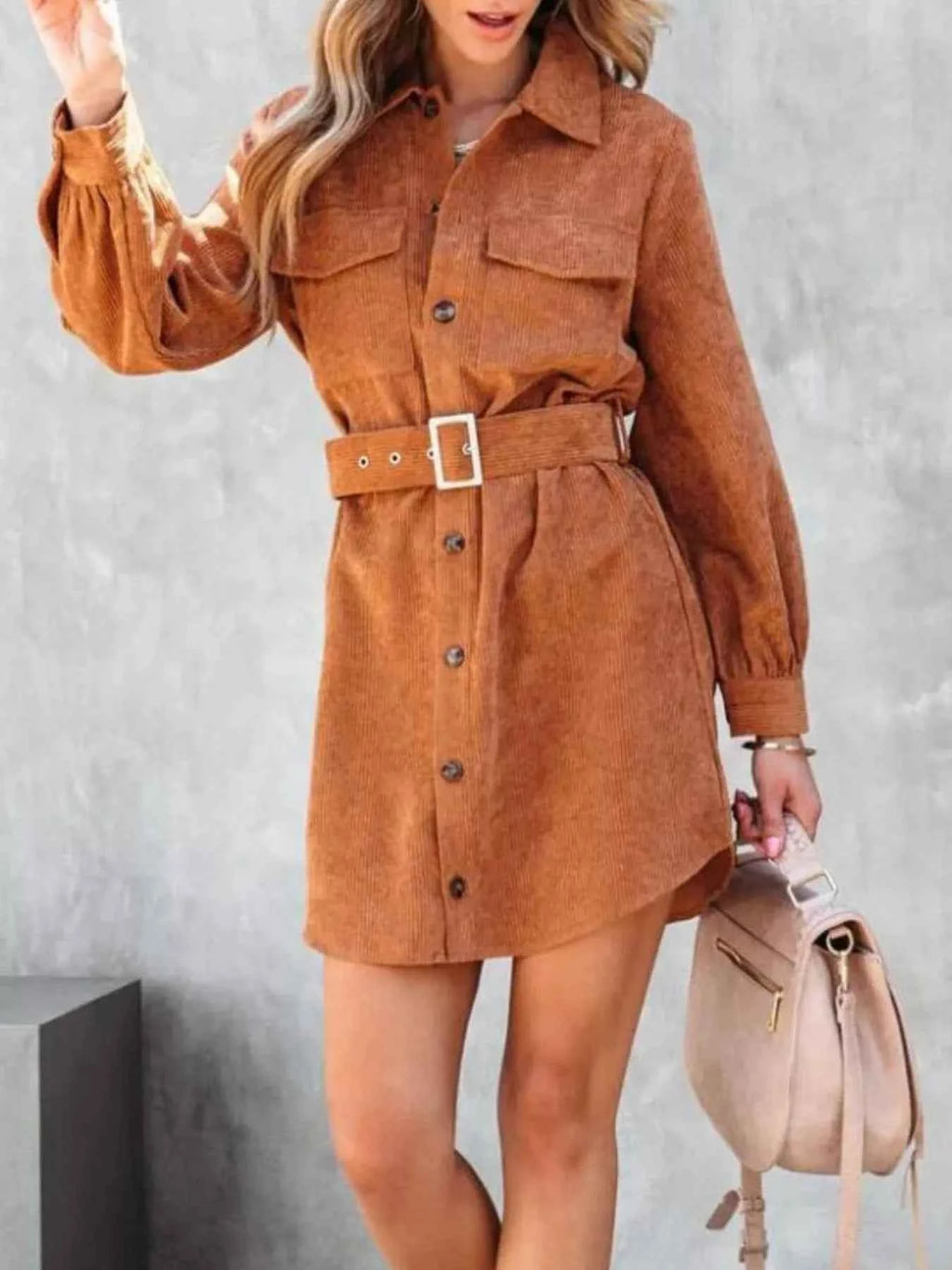 Button Front Belt Long Sleeve Corduroy Dress c174c4c8-a14f-4bfa-bbf0-d8bf3c38d1f2-Max-Origin
