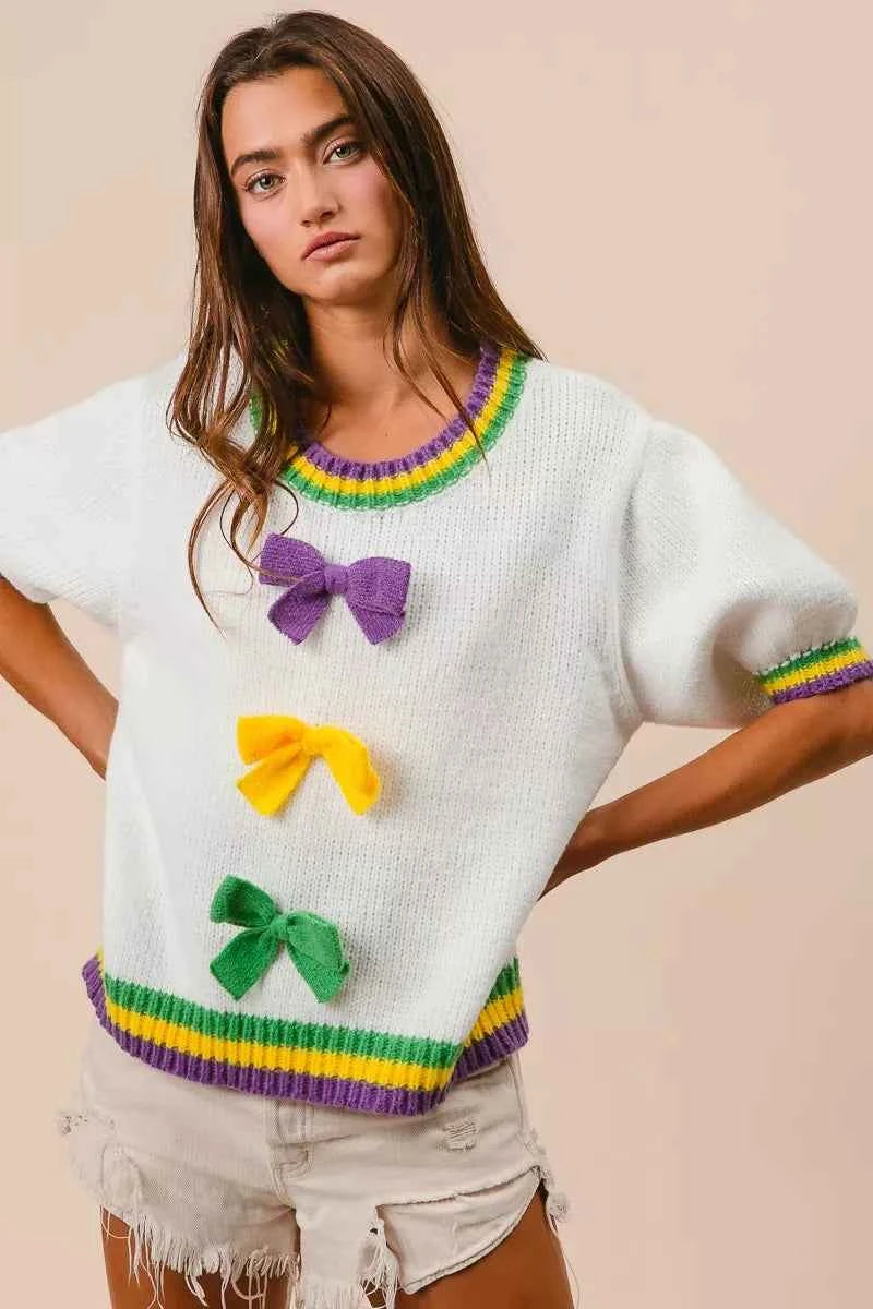 BiBi Short Puff Sleeve Ribbon Bow Mardi Gras Sweater c1782655090e45c78f9d639d52c2123a-Max-Origin