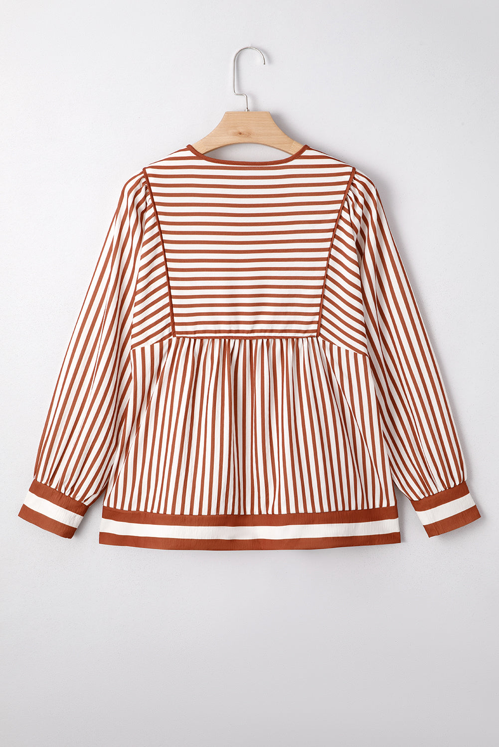 Brown Striped Drawstring V Neck Blouse c178738b48b10e8d