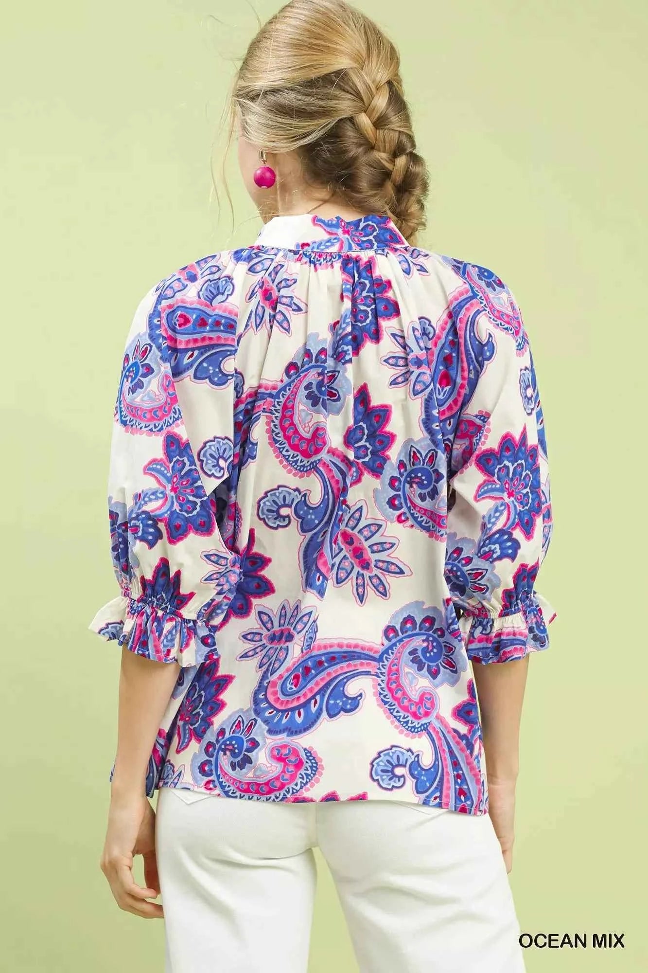 Umgee Paisley Print Button Front Blouse with Scallop Trim Detail