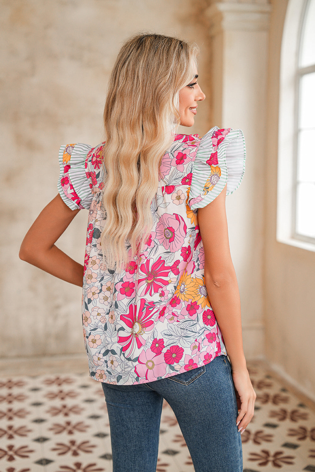 Pink Floral Print Ruffle Trim Pleated Boho Blouse c17bf86ef15ece95