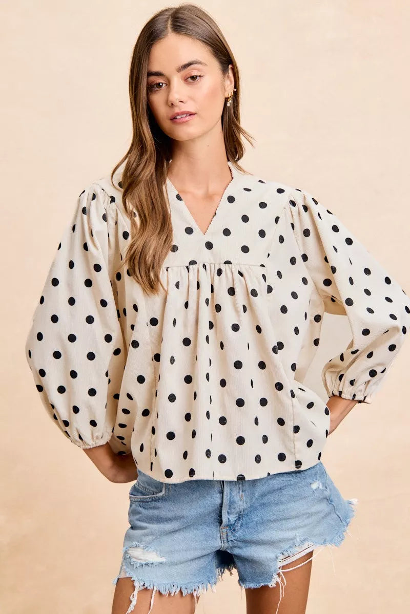 BiBi Polka Dot Corduroy Quarter Sleeves V Neck Blouse IVORY BLACK c17dd116f9434ab9b6b8f9aeb7232bbc-Max-Origin