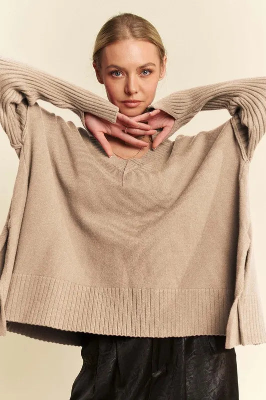 Ribbed Side Slit V-Neck Sweater c17e0ae2-d3ca-432c-8b7f-cd21dca1f8ca-Max