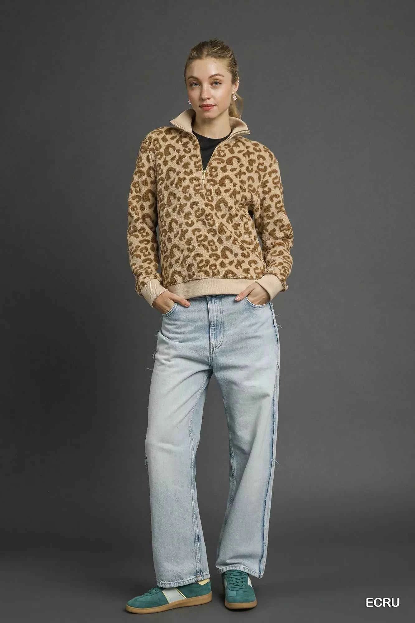 Umgee Leopard Print Quarter-Zip Sweatshirt c184dc08-296e-461e-aa06-472761f6e826-Max-Origin