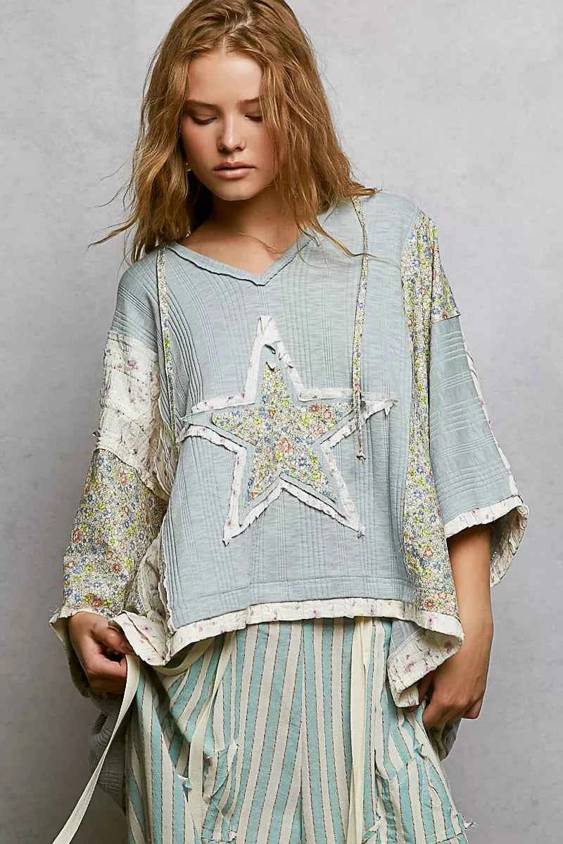 POL Floral Star Patch Hooded Blouse with Lace Contrast Detail STEEL BLUE c1880d16-51fd-41a0-8b2c-1cb6720ee126-Max-Origin