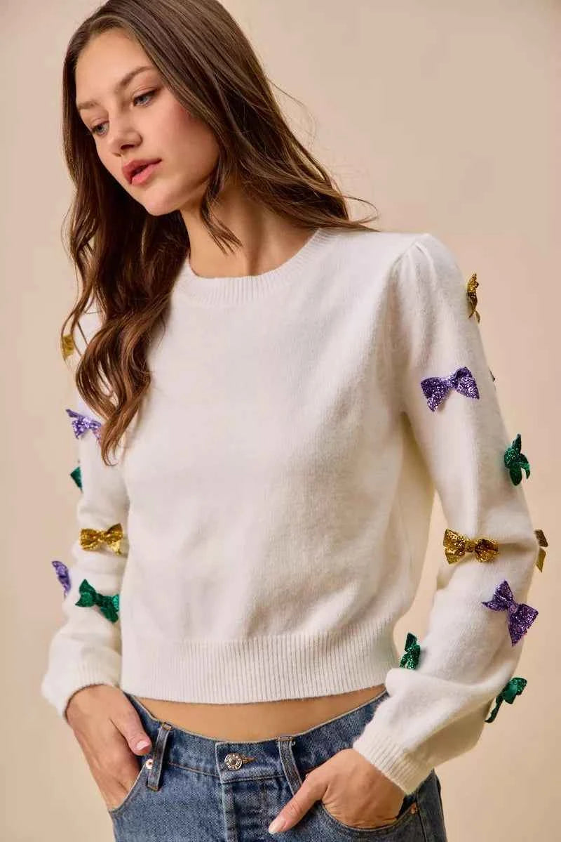 SO ME Mardi Gras Glitter Bow Ribbon Sweater Knit Top c1897f8f610840d0a520df3af6dbae86-Max-Origin