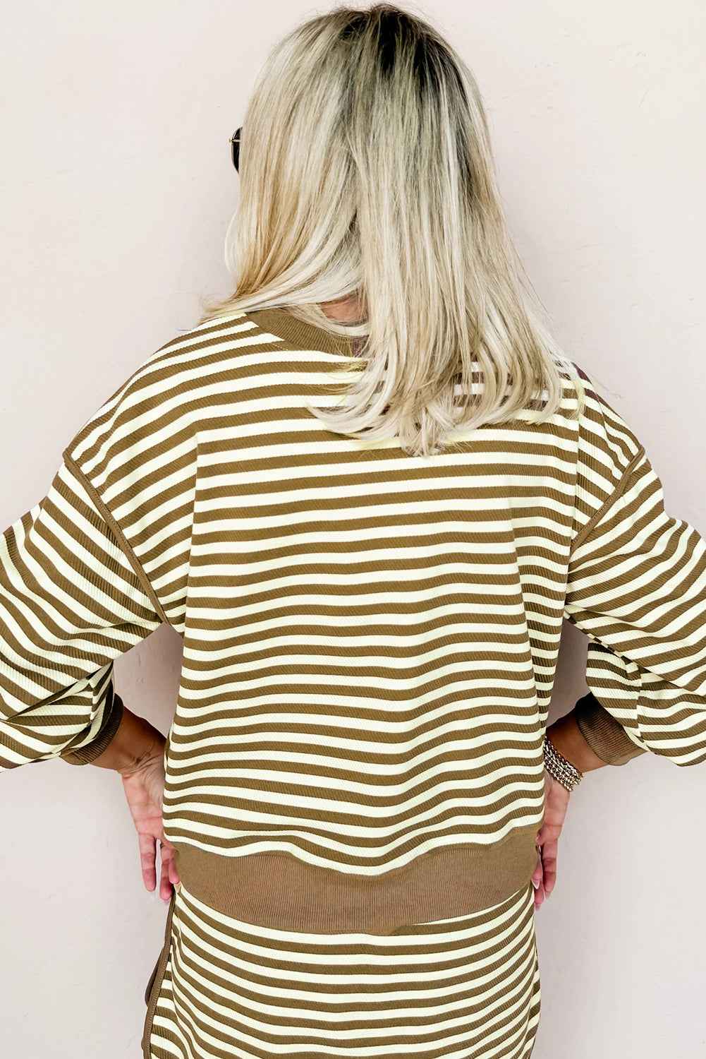 Black Stripe Textured Drop Shoulder Pullover Top Drawstring Mini Skirt Two Piece Dress Set c189feb812639639