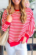 Red Striped Exposed Seam Drop Shoulder Long Sleeve Top Red Stripe 95%Cotton+5%Elastane c18bf8309ea30074