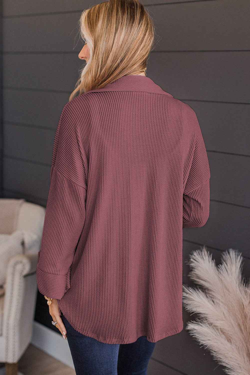 Fiery Red Pink Roll Tab Sleeve Ribbed Cording Shacket c192a33b34235bf7