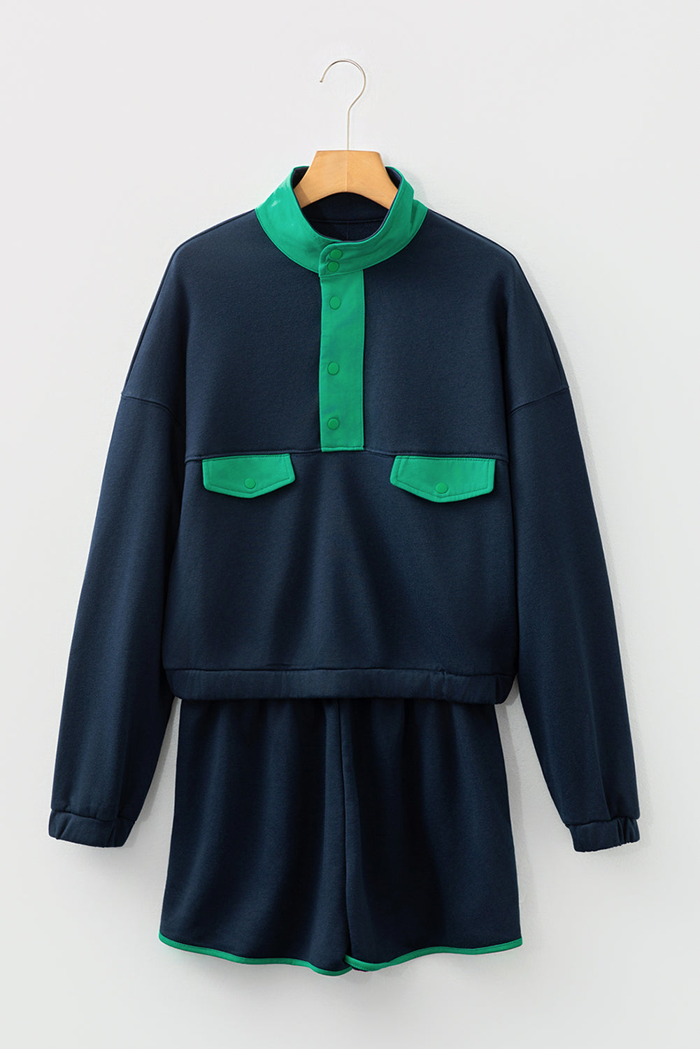 Navy Blue Color Block Patchwork Half Button Pullover and Shorts 2pcs Outfit c1959d0089578238