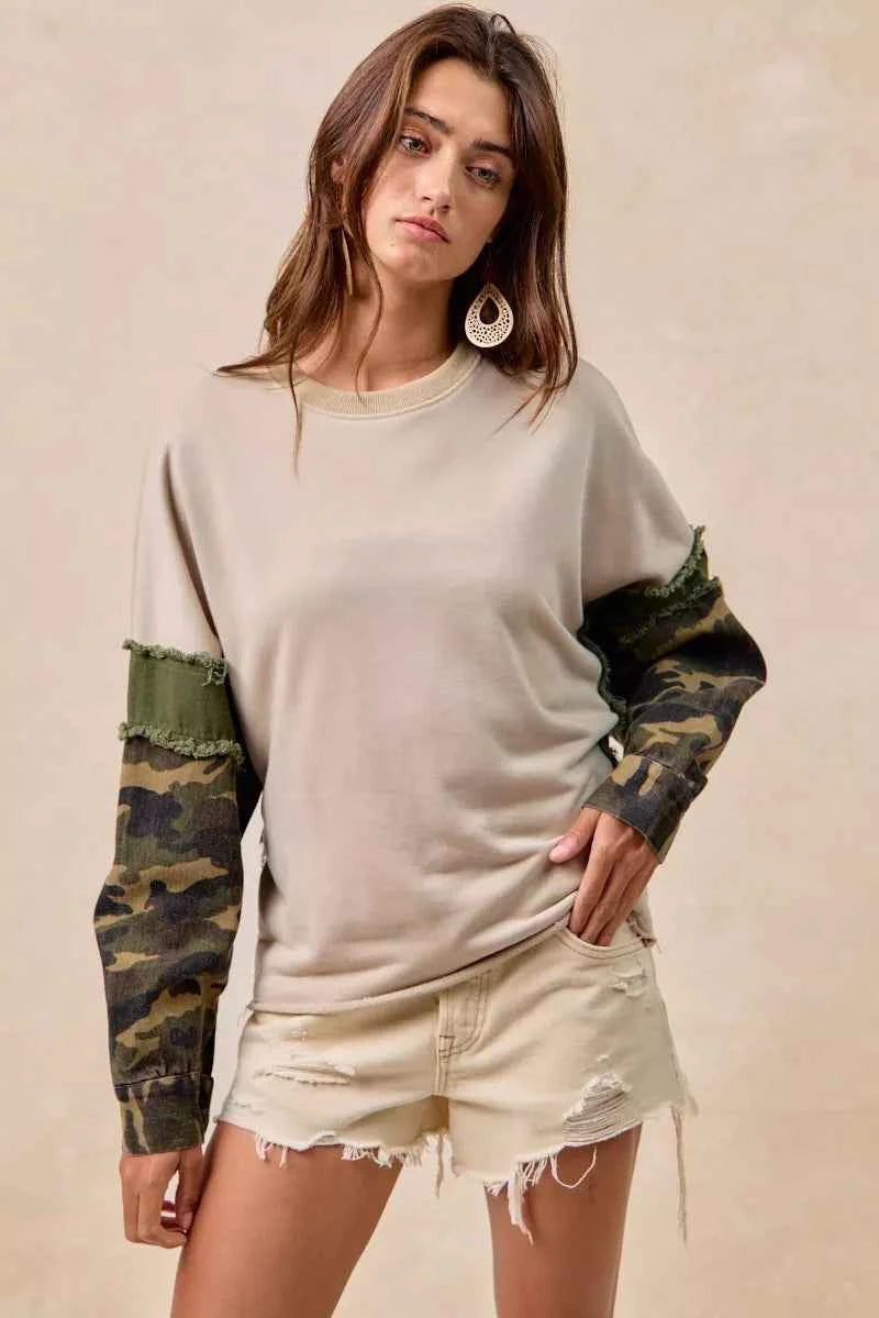 BiBi Camo Sleeve French Terry Top with Frayed Edge c19f3caa2ee945b79d2e3c6d50ebe58e-Max-Origin
