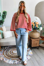 Sachet Pink Striped Round Neck Contrast Trim Bell Sleeve Top c1a3fcadae5f3a05