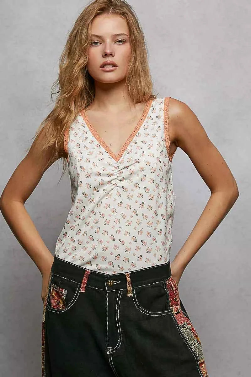 POL Ruched Floral V-Neck Tank with Lace Detail c1a4f7f5-fa93-4caa-b9c5-963ec3c95898-Max-Origin