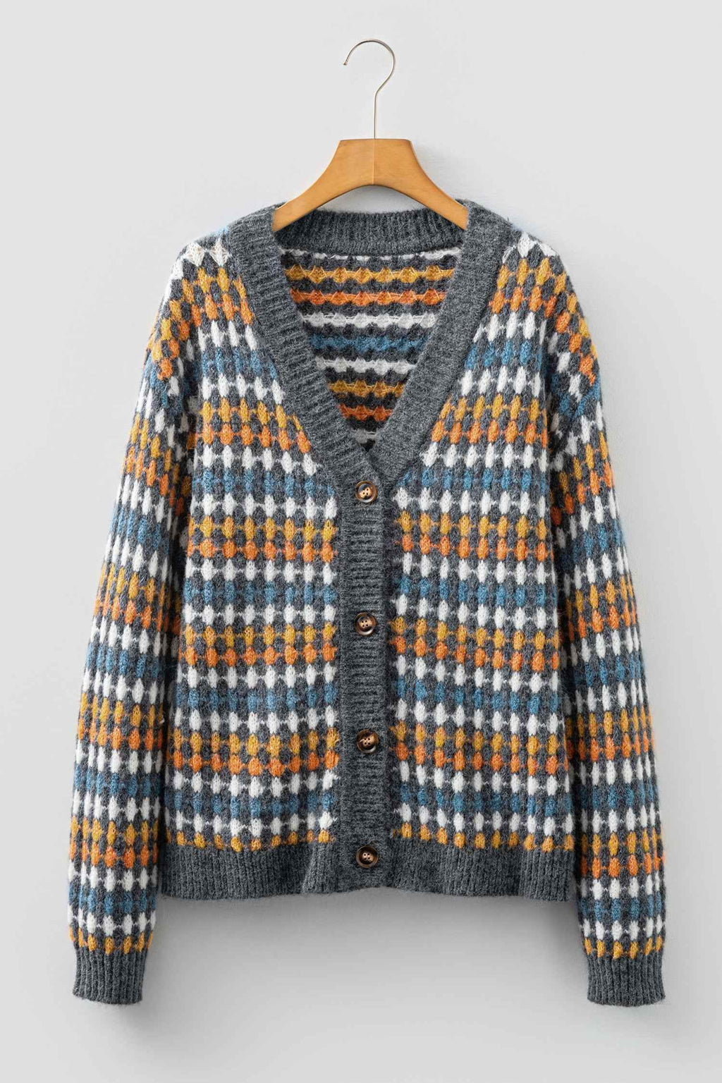 Gray Dotty Pattern Knit Button Front V Neck Sweater Cardigan c1a65b6e9e8b9124