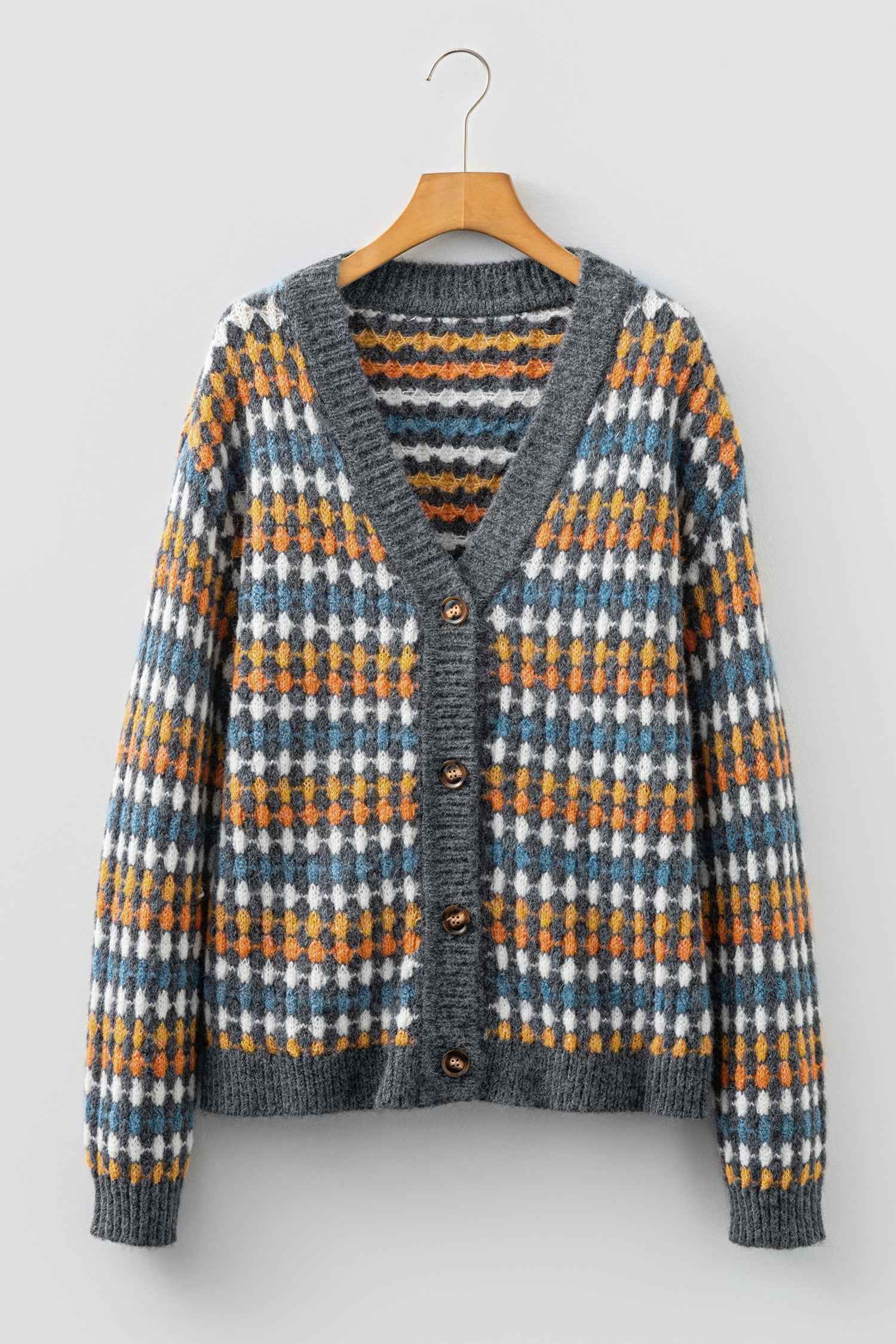 Gray Dotty Pattern Knit Button Front V Neck Sweater Cardigan c1a65b6e9e8b9124