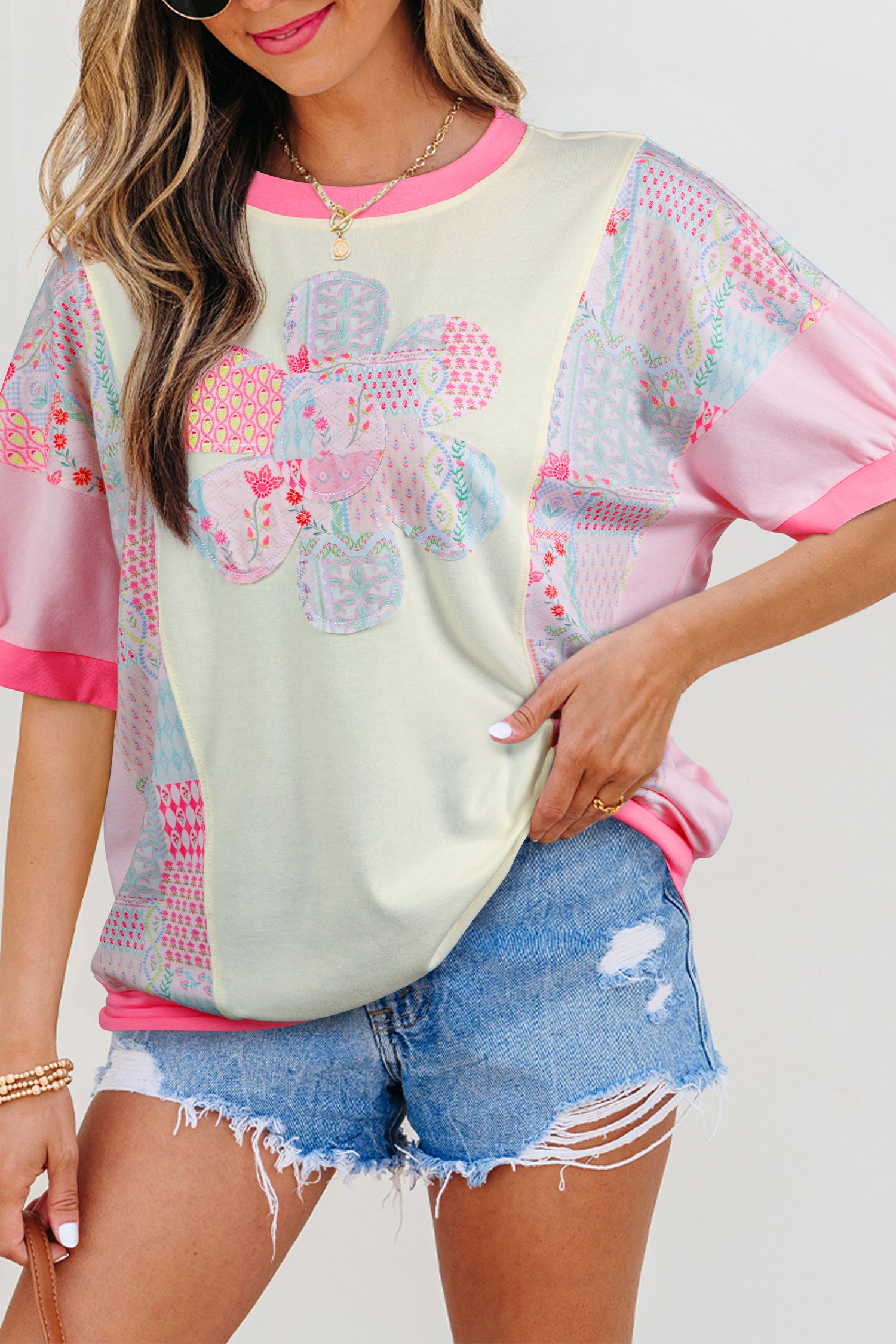Beige Color Block Floral Patchwork Big Flower Accent Relaxed Top c1a6deb6d4a78e78