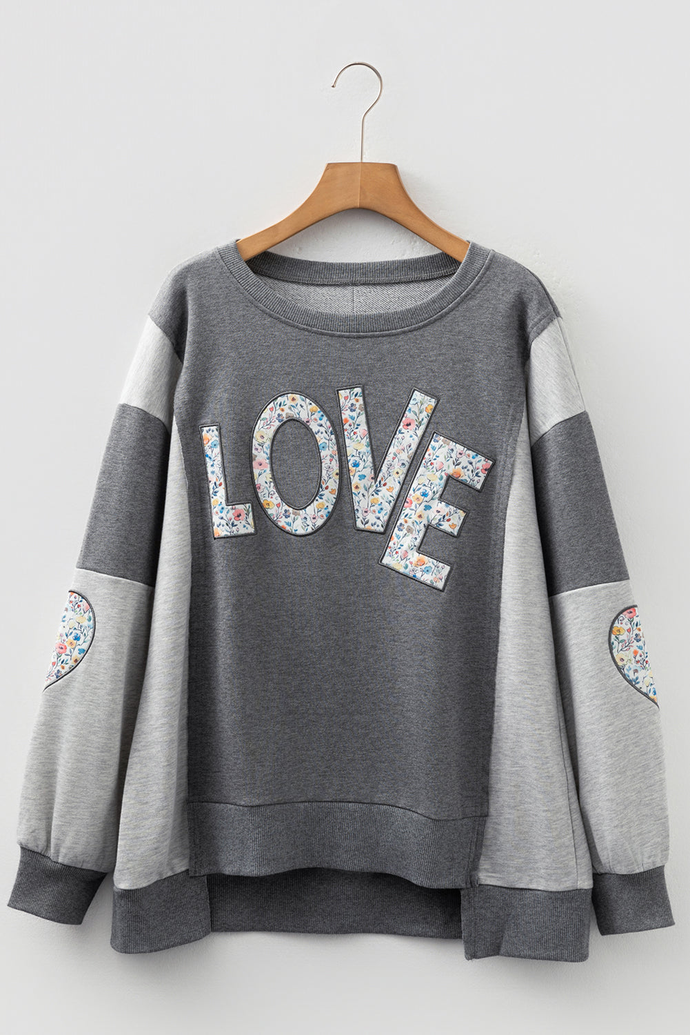 Dark Grey Floral LOVE Graphic Patchwork Uneven Hem Sweatshirt c1a72209a72937a0