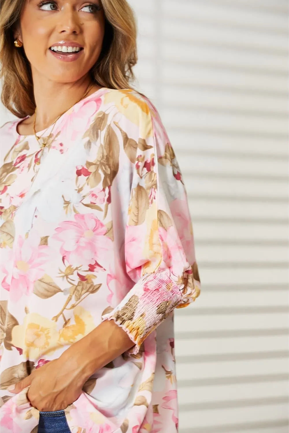 Double Take Floral Round Neck Three-Quarter Sleeve Top c1afcf37-6aff-4860-aee6-430abc91d291-Max