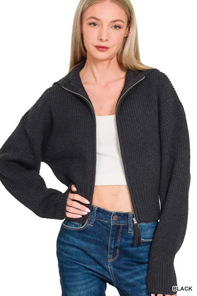 Zenana Ribbed Collared Zip Up Sweater Cardigan c1b383b9d9084961926ada506d831c87-Max-Origin
