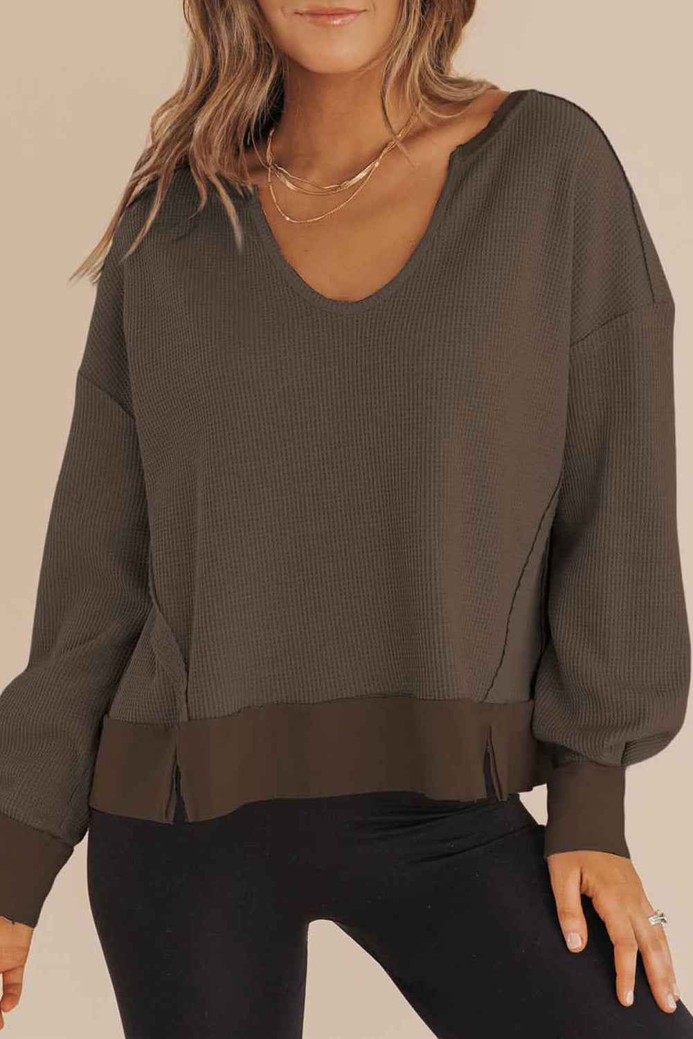 Dark Brown Waffle Knit Notched V Neck Drop Shoulder Solid Sweatshirt Dark Brown 60%Polyester+35%Cotton+5%Elastane c1bab80564527623