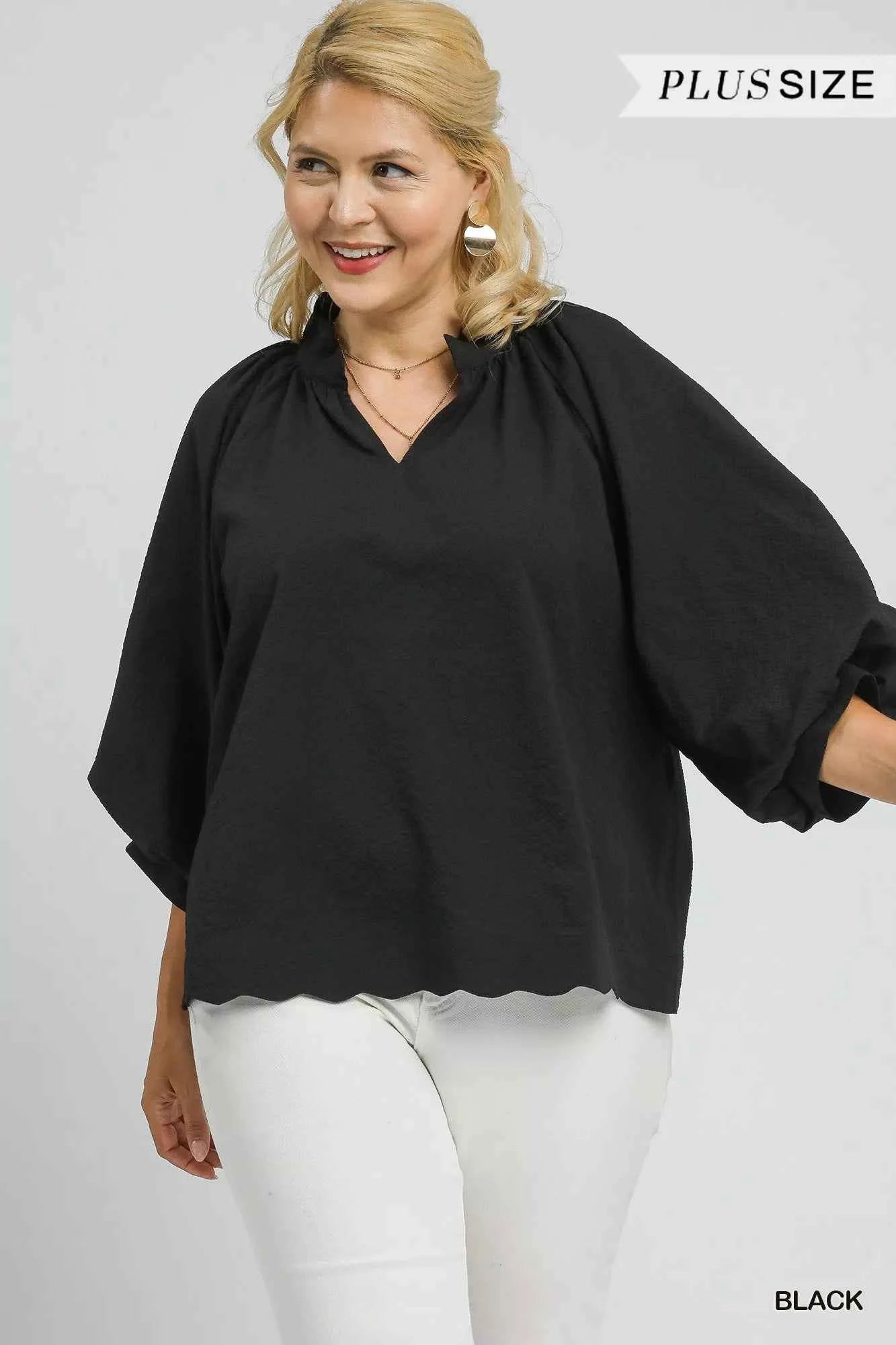 Umgee Full Size Textured Notched Balloon Sleeve Blouse Plus Size c1bb30cc-a1a1-4ff9-af75-0dd76c427f8a-Max-Origin