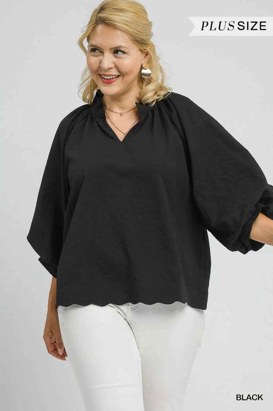 Full Size Textured Notched Balloon Sleeve Blouse Plus Size c1bb30cc-a1a1-4ff9-af75-0dd76c427f8a-Max-Origin