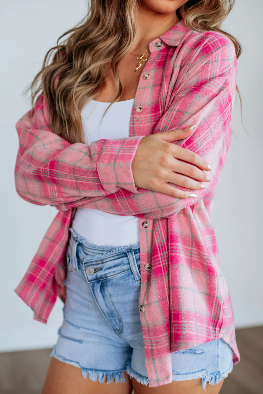 Sachet Pink Plaid Rounded Hem Long Sleeve Shirt Sachet Pink 62.7%Polyester+37.3%Cotton c1bca562d3298a4e