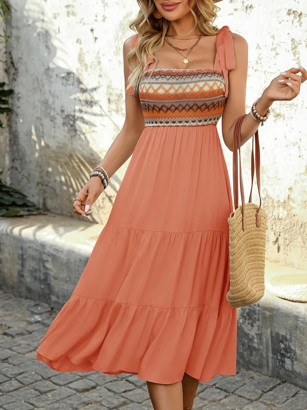 Tie Shoulder Square Neck Tiered Midi Dress c1be5416-edb0-40a3-9009-5a6c90f0ffd0-Max