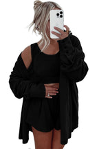 Black Shirred Hem Crop Tank Top Loose Shorts Cardigan 3 Piece Pajama Set c1be5648a33e040f