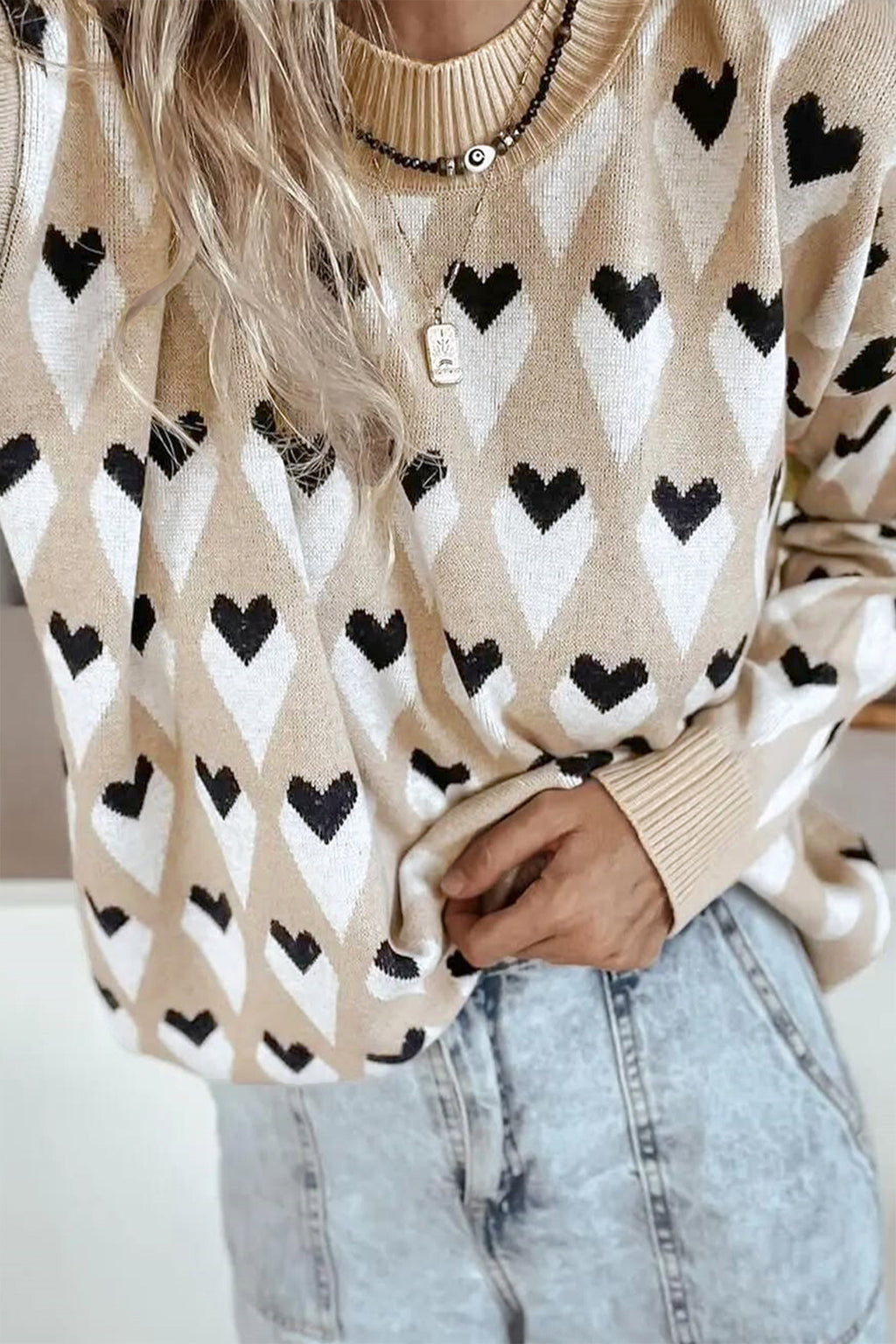 Parchment Geometric Heart Print Ribbed Trim Loose Sweater c1c1d4ad21bf8ae5