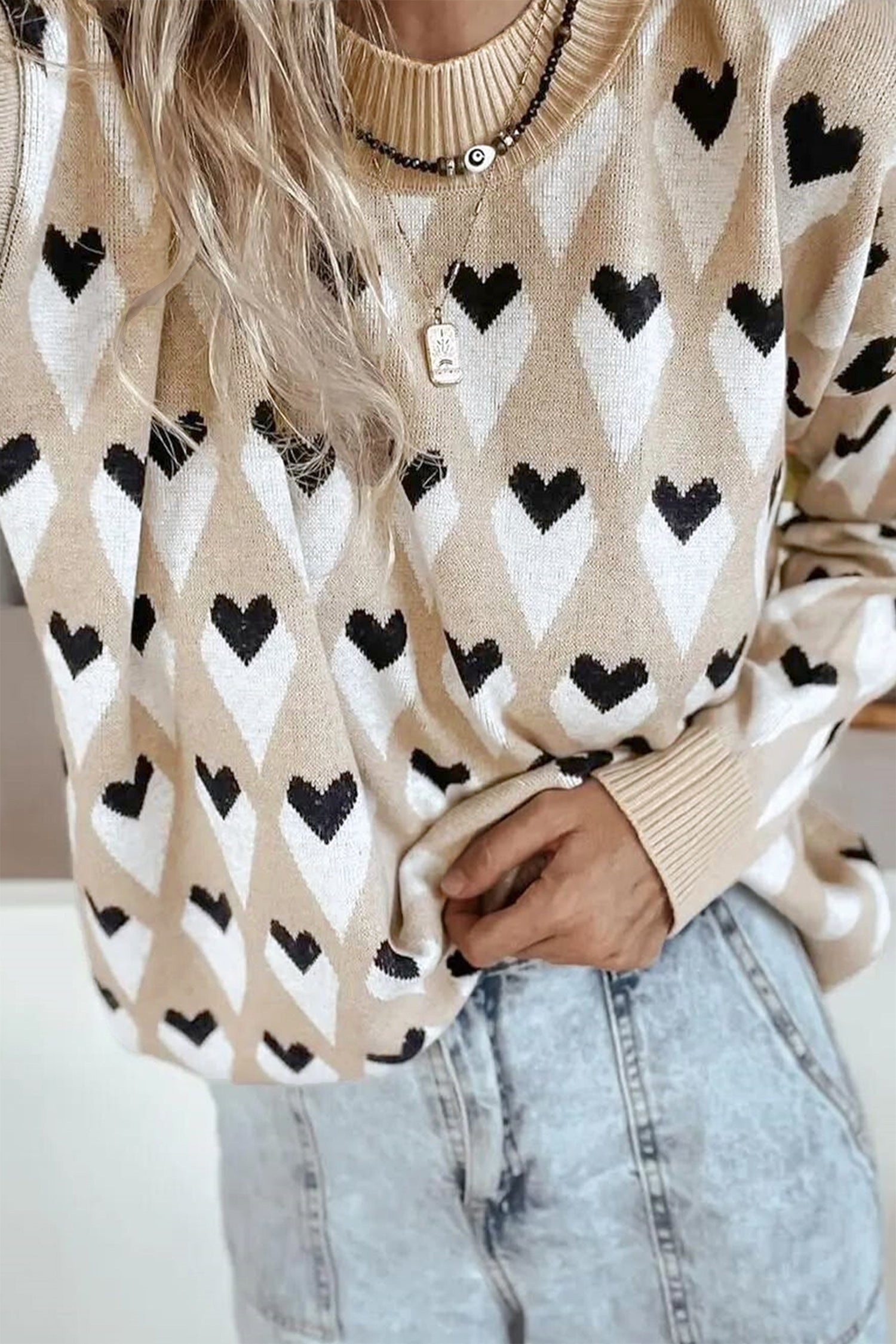 Parchment Geometric Heart Print Ribbed Trim Loose Sweater c1c1d4ad21bf8ae5