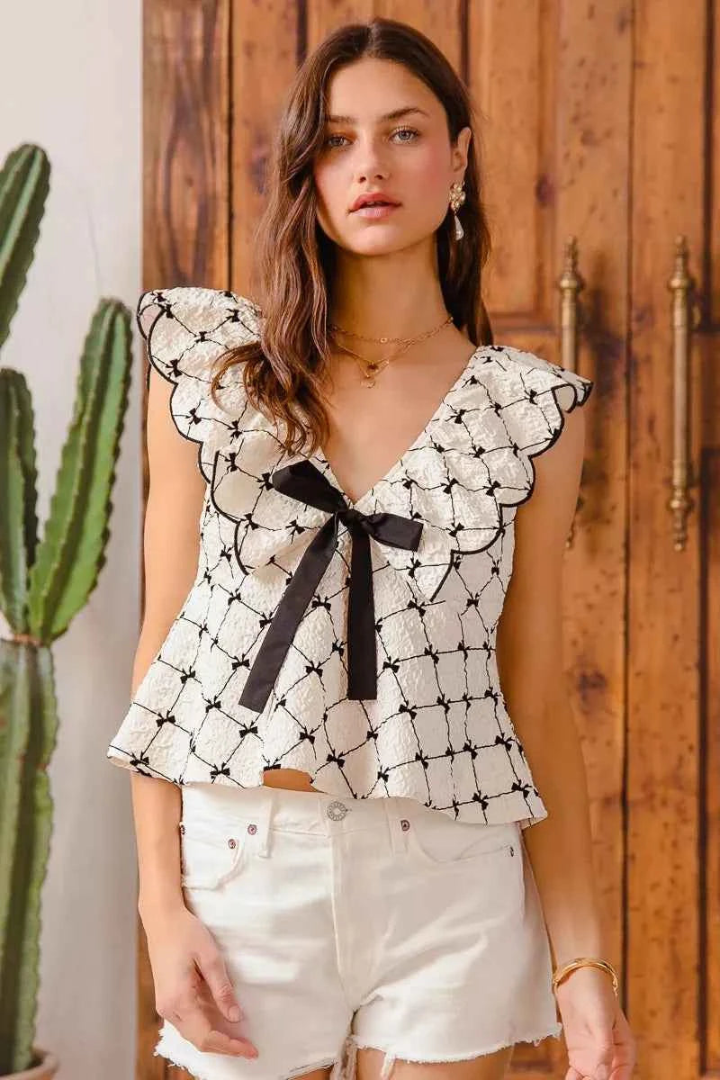 SO ME Bow Texture Jacquard Woven Top with Scallop and Tie c1c2e1cbcc9c4c909905940f2157c9d7-Max-Origin