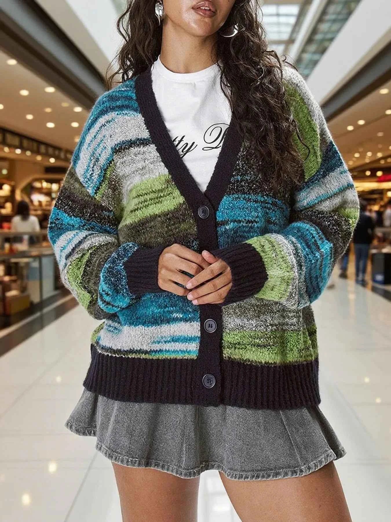 Gradient Stripe Button-Up Cardigan