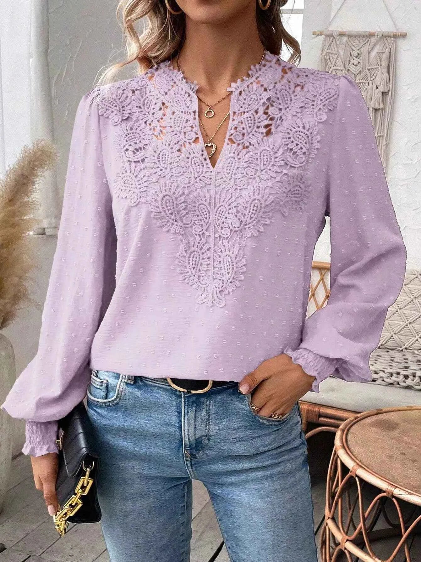 Swiss Dot Lace Detail Long Sleeve Blouse c1c7677b-90a3-4e12-ba7d-2f7e34127891-Max-Origin