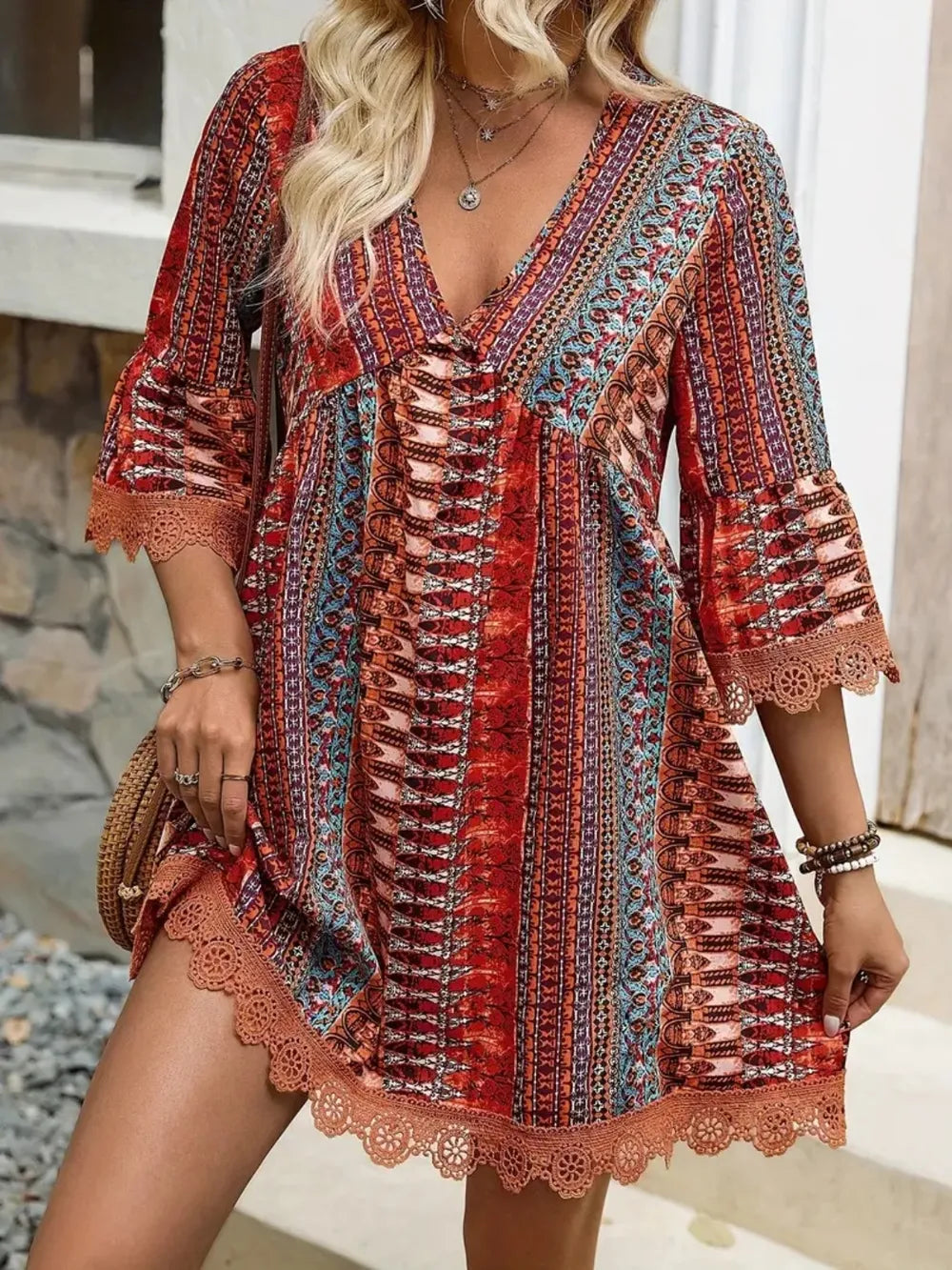Lace Trim Printed V-Neck 3/4 Sleeve Dress c1cabe3a-eb2e-4c31-a886-35a57743255a-Max