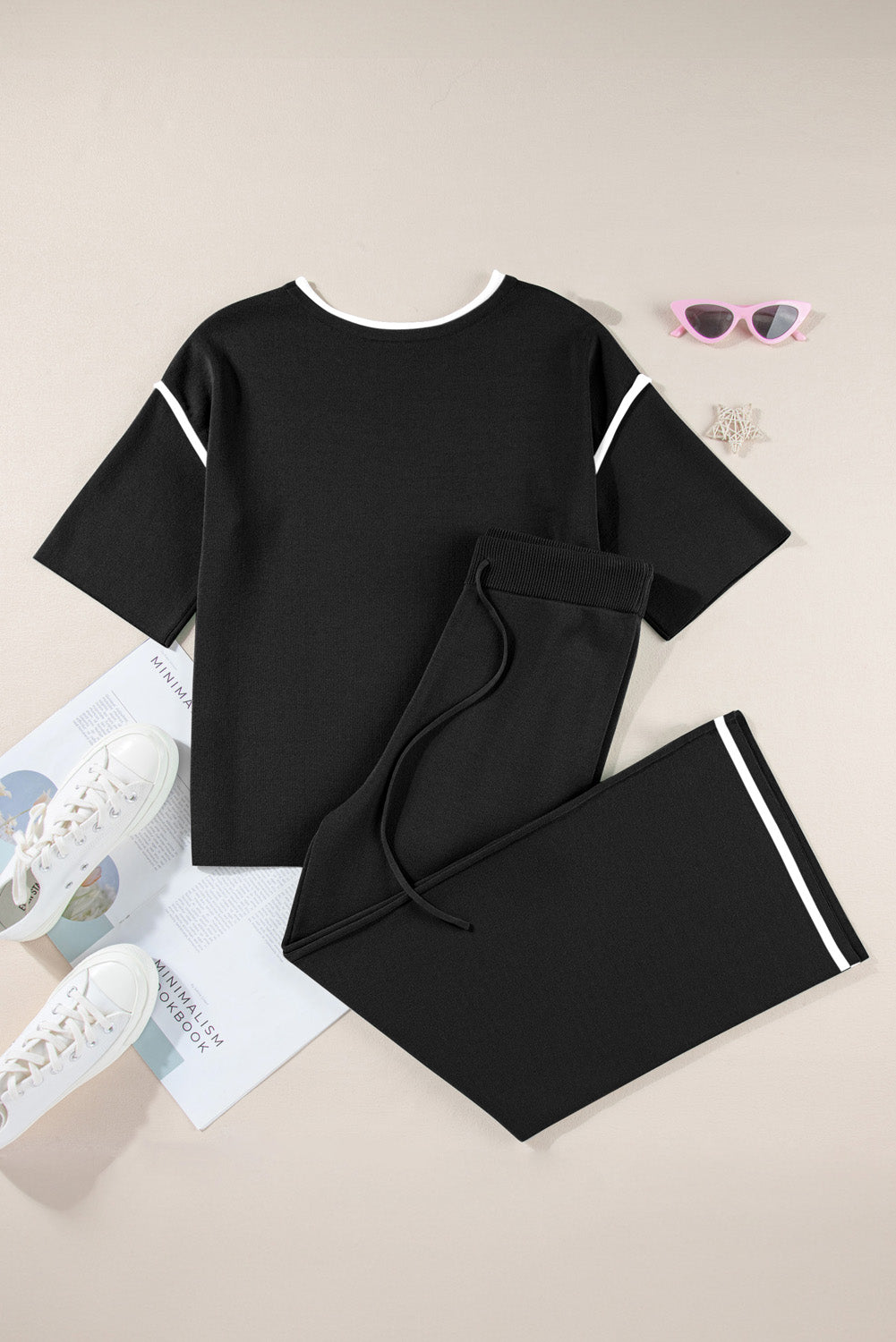 Black Loose Contrast Trim Half Sleeve Top and Drawstring Pants Set c1cb4c9daf867613
