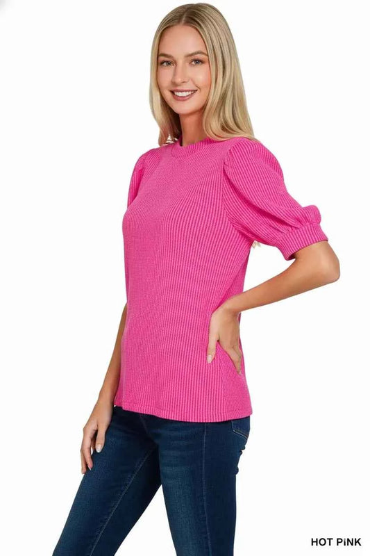 Raised Rib Puff Sleeve Top c1cc07ce-287c-43f7-b854-6bbc569f9c41-Max-Origin