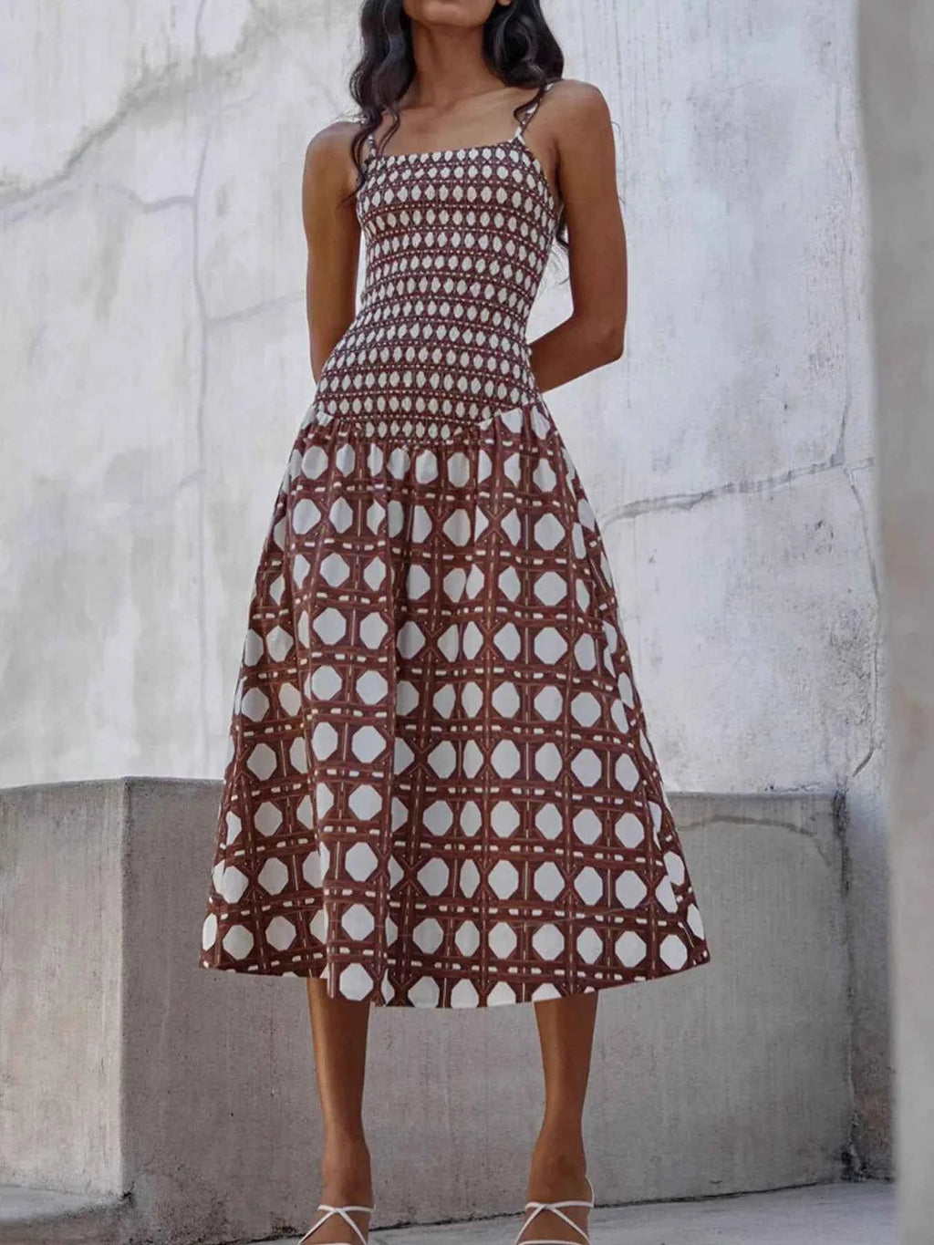 Geometric Pattern Cami Midi Dress Caramel c1cc1192-b41a-43aa-bcf2-b112291e9e2f-Max-Origin