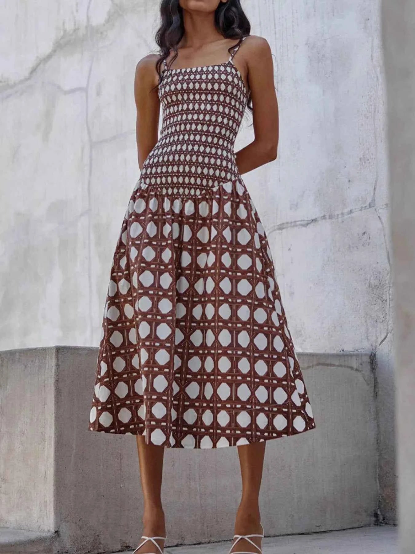 Geometric Pattern Cami Midi Dress Caramel c1cc1192-b41a-43aa-bcf2-b112291e9e2f-Max-Origin