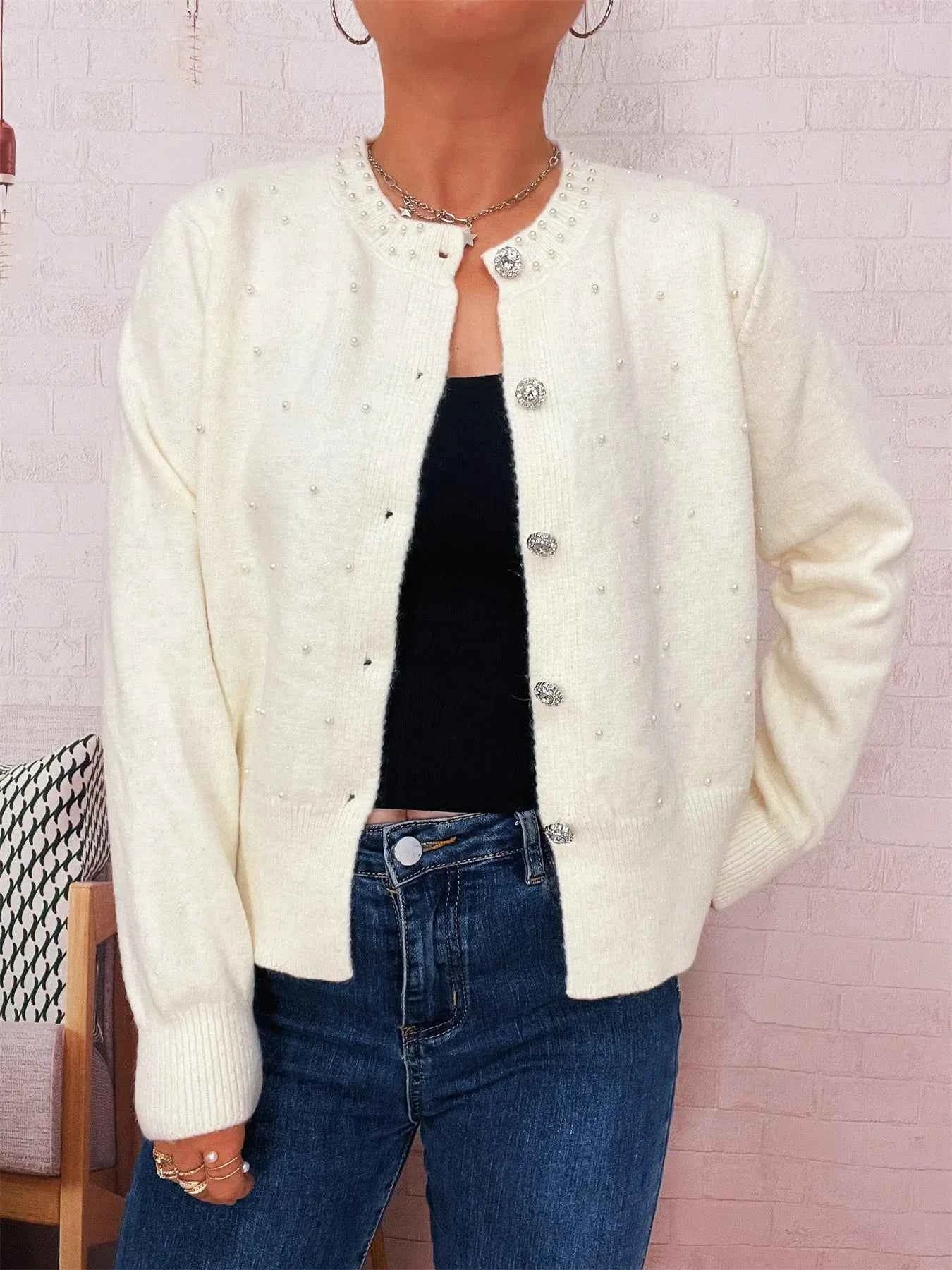 Pearl Detail Button-Front Cardigan White One Size c1cdb668adc644eb984b2547d9956621-Max-Origin