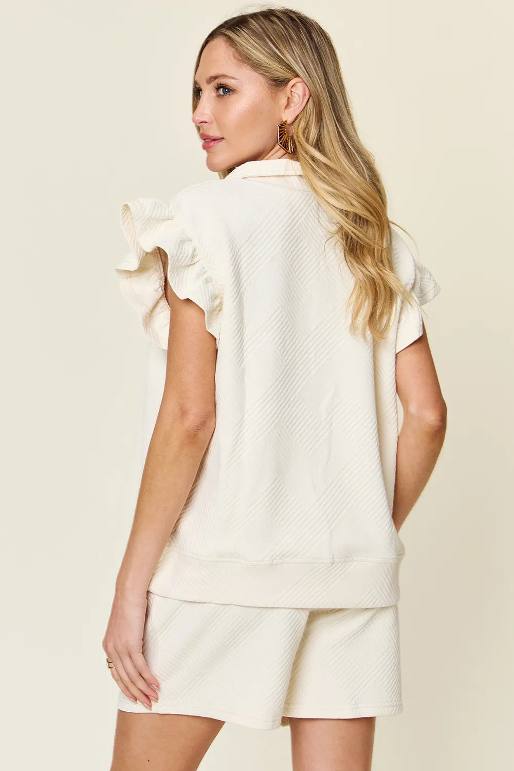 Double Take Full Size Texture Flounce Sleeve Top and Drawstring Shorts Set c1d1b746-1370-45ee-91ba-78fb3316b073-Max